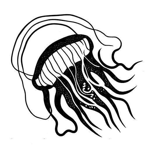 Jellyfish With Long Arms Surrounding An Abstract Combination Of Sun And Sea