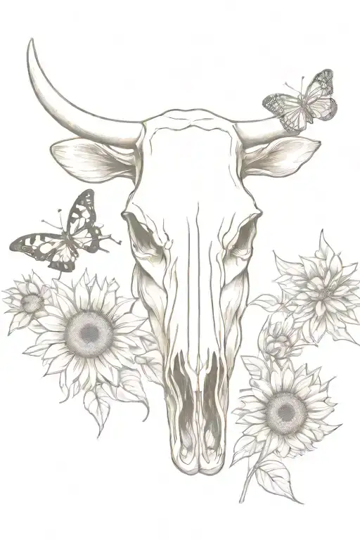 Cow Skull With Sunflowers And Butterflies Fluttering