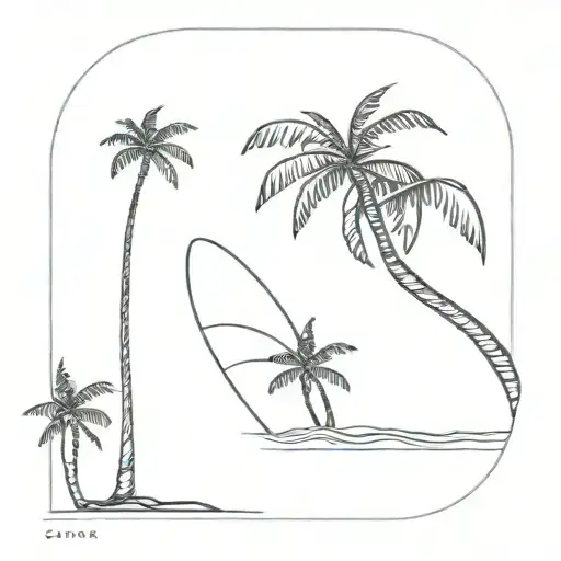 One Small Fine Line Surfboard Leaning Against One Small Fine Line Palm Tree