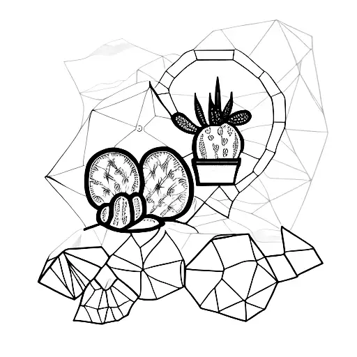 A Minimalist Tattoo Of A Ghostly Silhouette With A Cactus And Crystal Motif