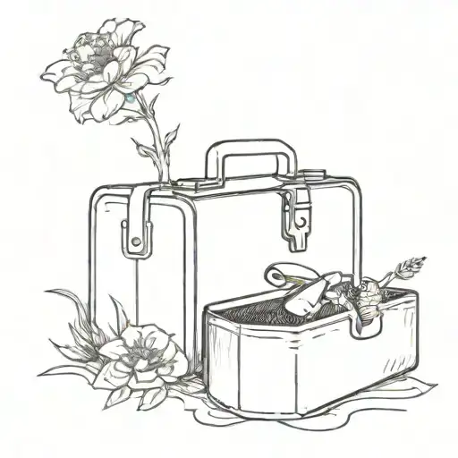 A Minimalist Tattoo Of A Diy Toolbox With An Aquarius Symbol And Marigold Flower As Accents