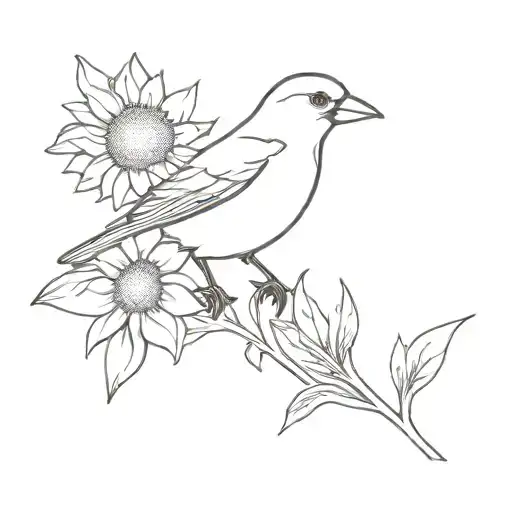 Red Bird Holding Sunflower And Lavender Flower