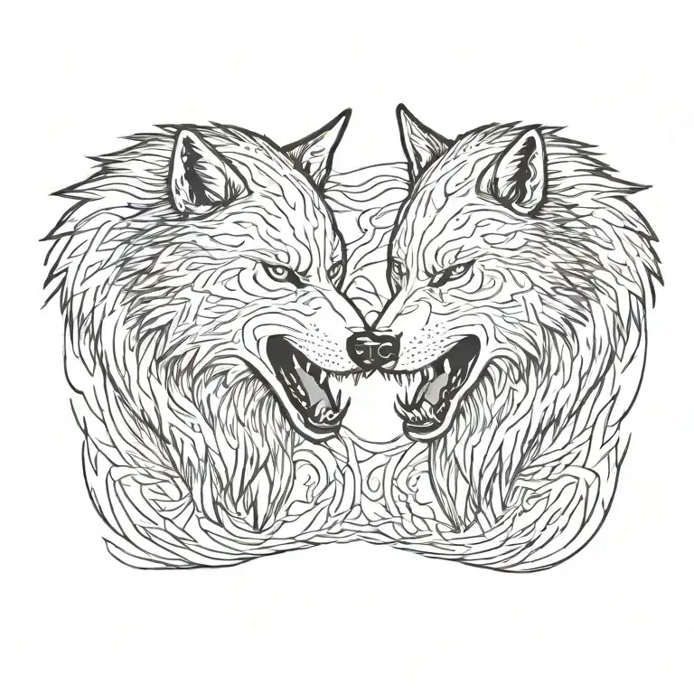 Side Profile Of Two Wolves Snarling At Eachother Face To Face