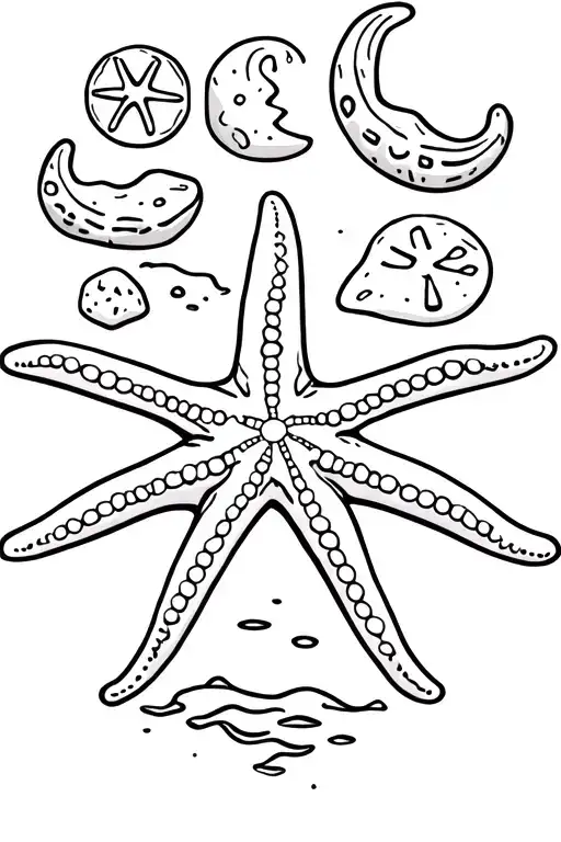 Black Outline Of A Sea Star With Another Sea Star Behind It With Sand Dollars And Sand And Sea Glass