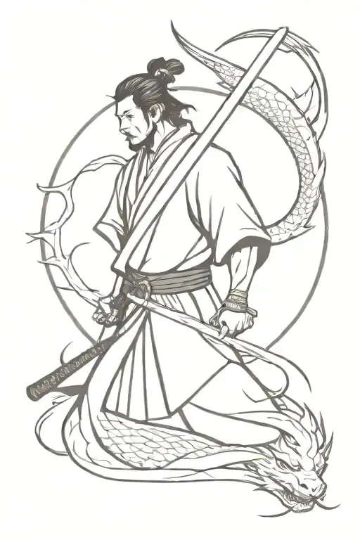 Samurai With Katana And Dragon And Sun