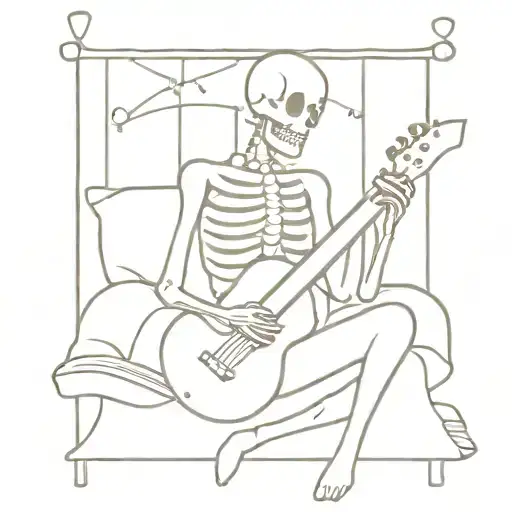 Skeleton In A Bed Surrounded By Musical Instruments