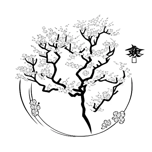 A Minimalist Tattoo Design Of A Traditional Japanese Cherry Blossom Tree With An Anime Twist