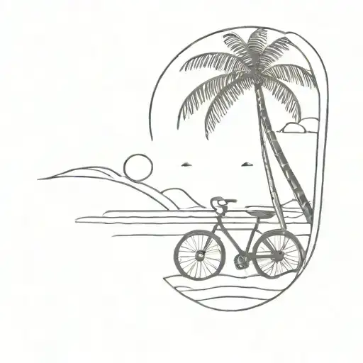 A Minimalist Tattoo Design Of A Beach Scene With A Bicycle Leaning Against A Palm Tree