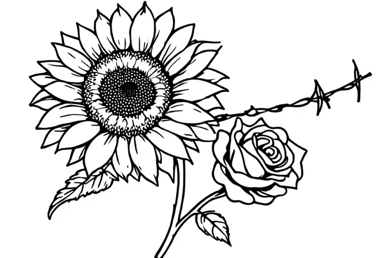 Sunflower Barb Wire And Roses
