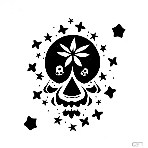 Skull With Flowers And Japanese Stars