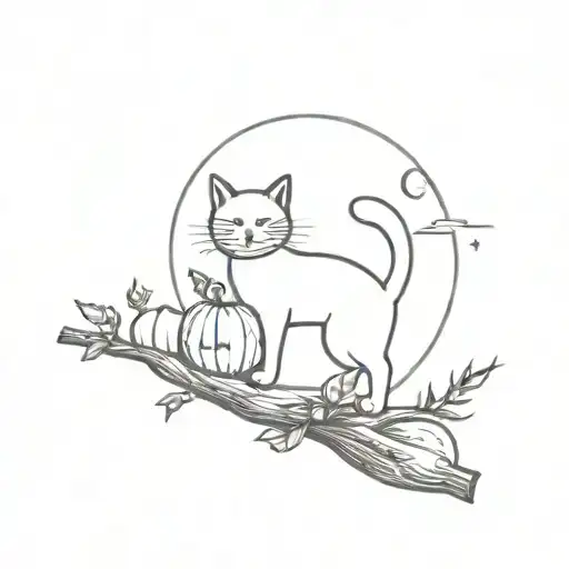 Cat Riding Rustic Witches Broom In Front Of The Moon Over A Pumpkin Patch