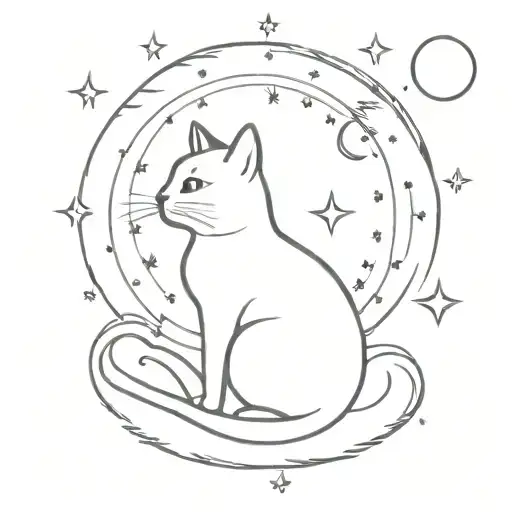 Cat Sitting On A Moon Looking At The Stars With A Background As Compass