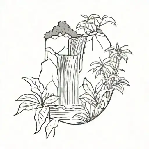 Waterfall Line Drawing In The Jungle Background Black