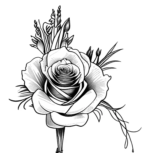 A Gladiolus And Rose Bouquet With A Ribbon Wrapped Around Them