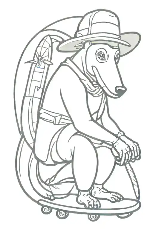 Kangourou Skateboard Banana Wearing Fishing Hat Riding