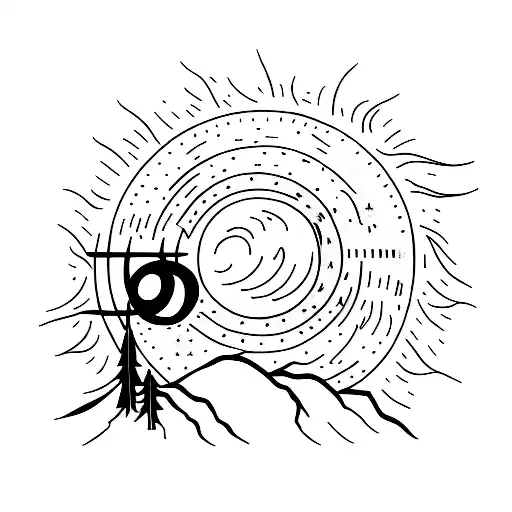 A Minimalist Tattoo Of A Sun Rising Behind A Forest Silhouette