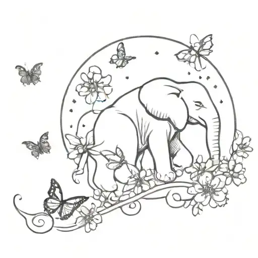 Elephant And Butterflies And Flowers And Moon