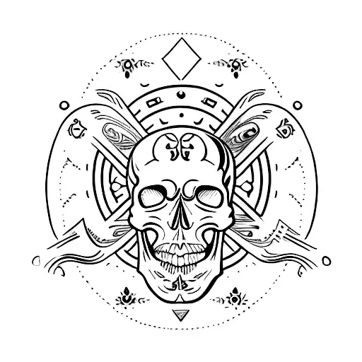 A Minimalist Tattoo Of A Skull With Alchemical Symbols Surrounding It