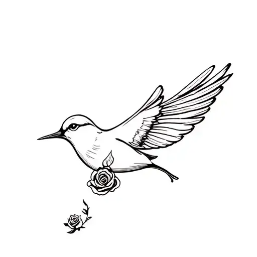 Swallow With Rose In Mouth Flying Away