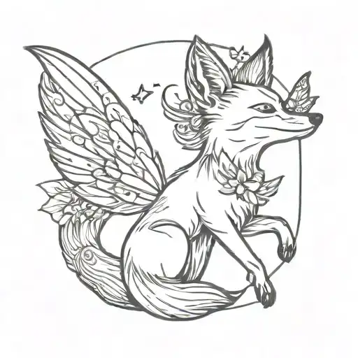 Small Fox With Angel Wings And Butterfly Flying Away
