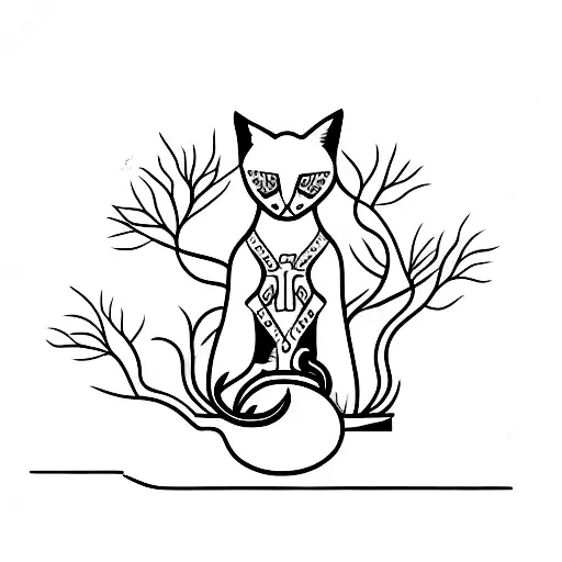 A Minimalist Tattoo Design Of A Cat Meditating Under A Bonsai Tree