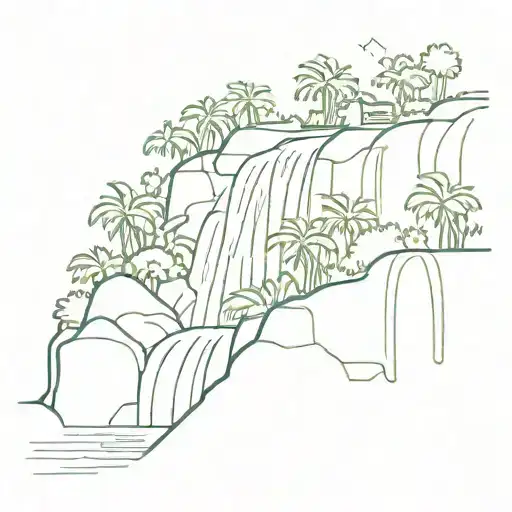 Waterfall Line Drawing In The Jungle Landscape