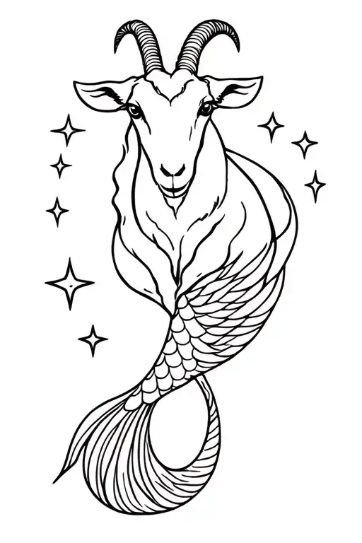 Goat With Front Legs And Mermaid Tail Surrounded By Stars