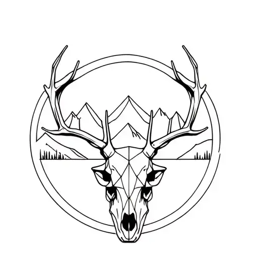 Geometric Deer Skull With A Circle Behind And Mountains Background