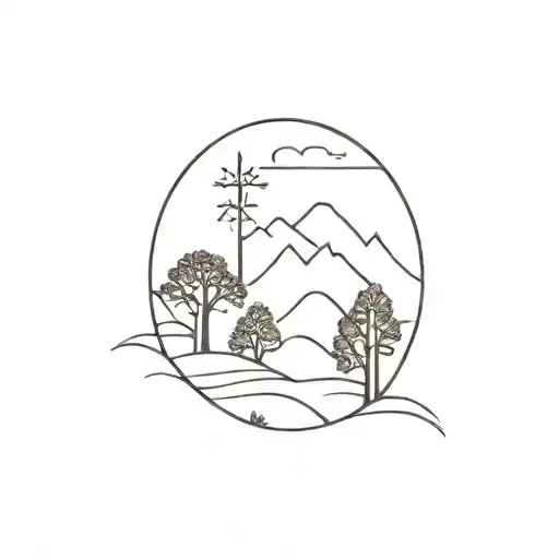 Western Country With Thin Lines With Trees A Cross