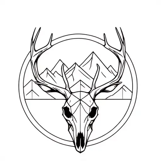 Geometric Deer Skull With A Circle Behind And Mountains Background