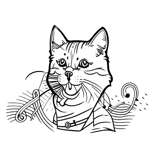 A Minimalist Tattoo Design Of A Cat Driving A Vintage Car With Musical Notes Trailing Behind