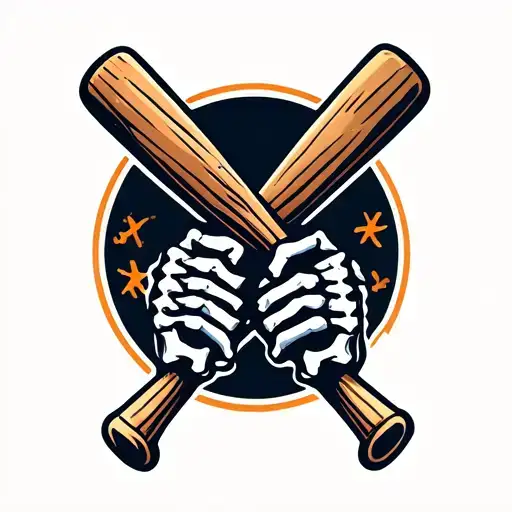 Skeleton Hands Holding Two Crossed Wooden Baseball Bats