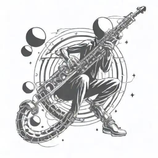 A Futuristic Alien Saxophonist Floating In Zero Gravity With Planets As Musical Notes