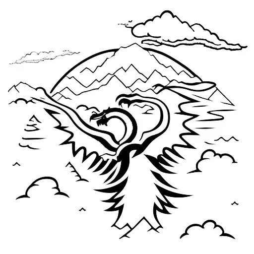 A Silhouette Of A Hiker Conquering A Mountain Peak With A Dragon Flying Overhead