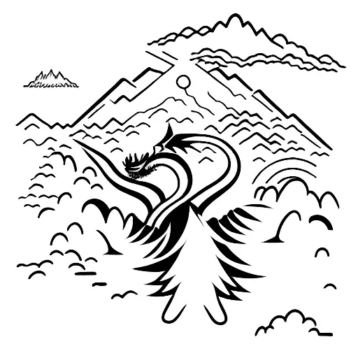 A Silhouette Of A Hiker Conquering A Mountain Peak With A Dragon Flying Overhead