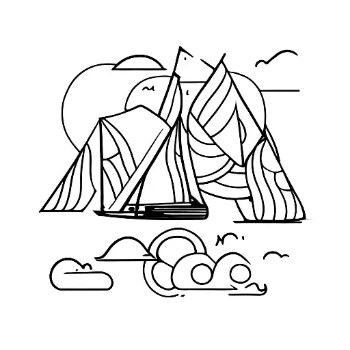 A Minimalist Tattoo Design Of A Sailing Yacht Sailing Through A Mountain Range