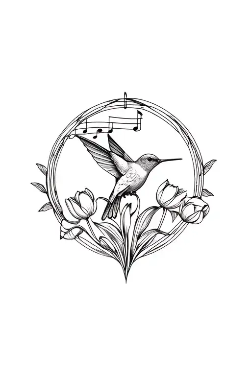 Linework Hummingbird With Circular Frame Of Music And Tulips