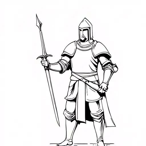 The Teutonic Knight Stands With His Sword Raised In His Hand