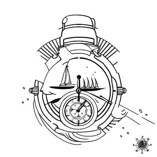 A Minimalist Tattoo Design Of A Watch With A Sailboat As The Clock Face