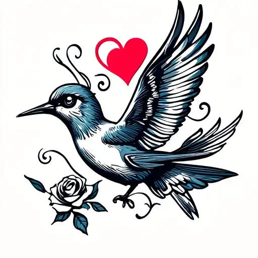 Flying Swallow With Heart For Eye And Rose In Beak Cute