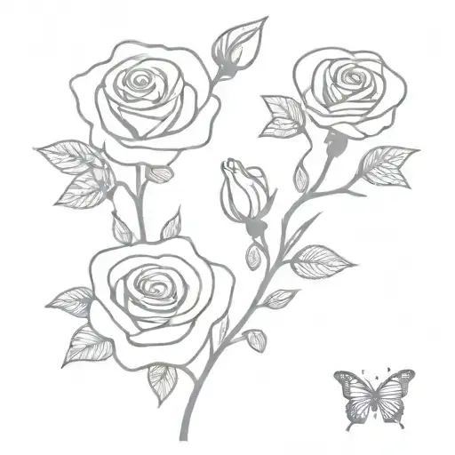 3 Roses On Vine With Butterfly Resting On Roses
