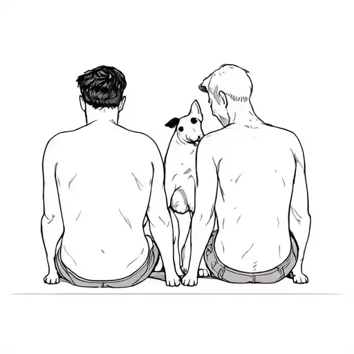 2 Men With A Dog Sitting Rear View