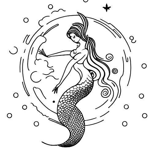 A Minimalist Tattoo Of A Mermaid Gracefully Dancing Under The Moonlight