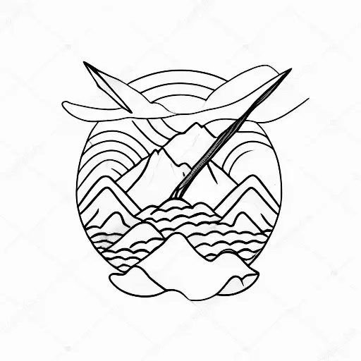 A Minimalist Tattoo Of A Dog Surfing On A Wave With A Mountain In The Background