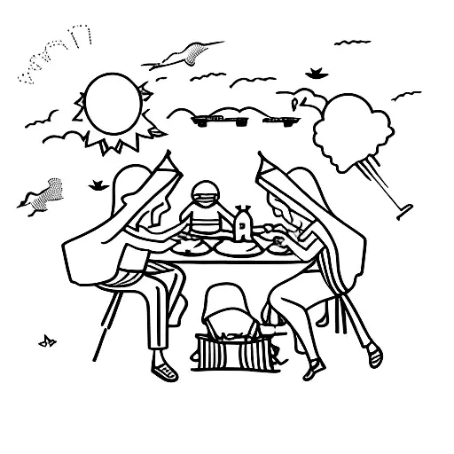 A Group Of Friends And Family Enjoying A Picnic By The Lake With Airplanes Flying Overhead