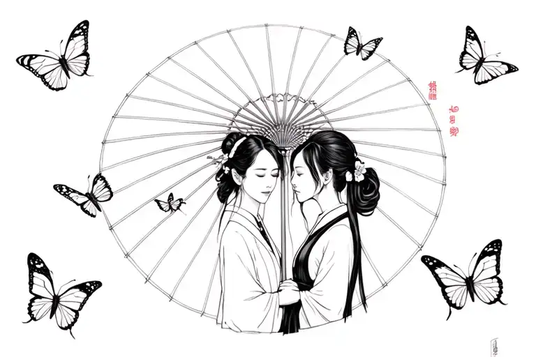 Hua Chen And Xie Lian Are Surrounded By Butterflies Under A Chinese Umbrella