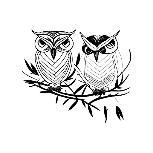 Fine Line Two Realistic Owls On A Branch With Australian Native Flowers