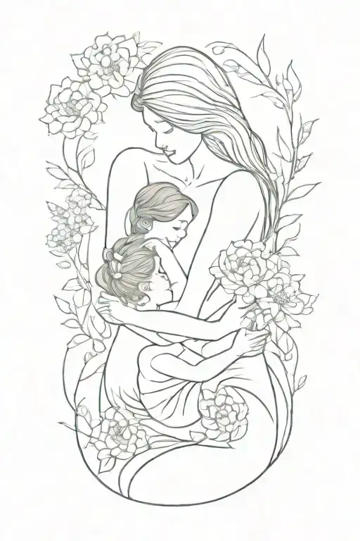 Mother Embracing Children Flowers