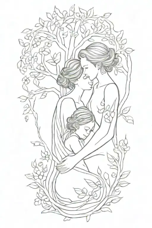 Mother Embracing Boy And Girl Tree Growing