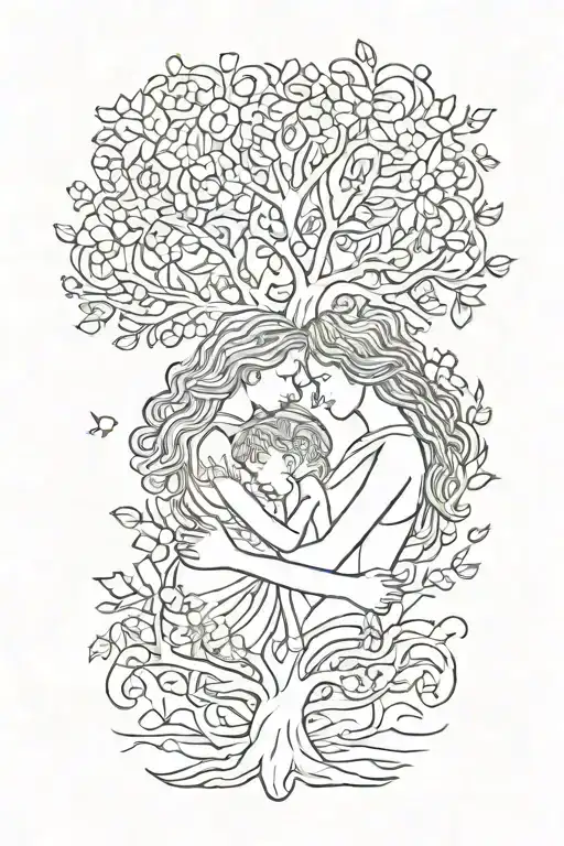 Mother Embracing Boy And Girl Tree Growing